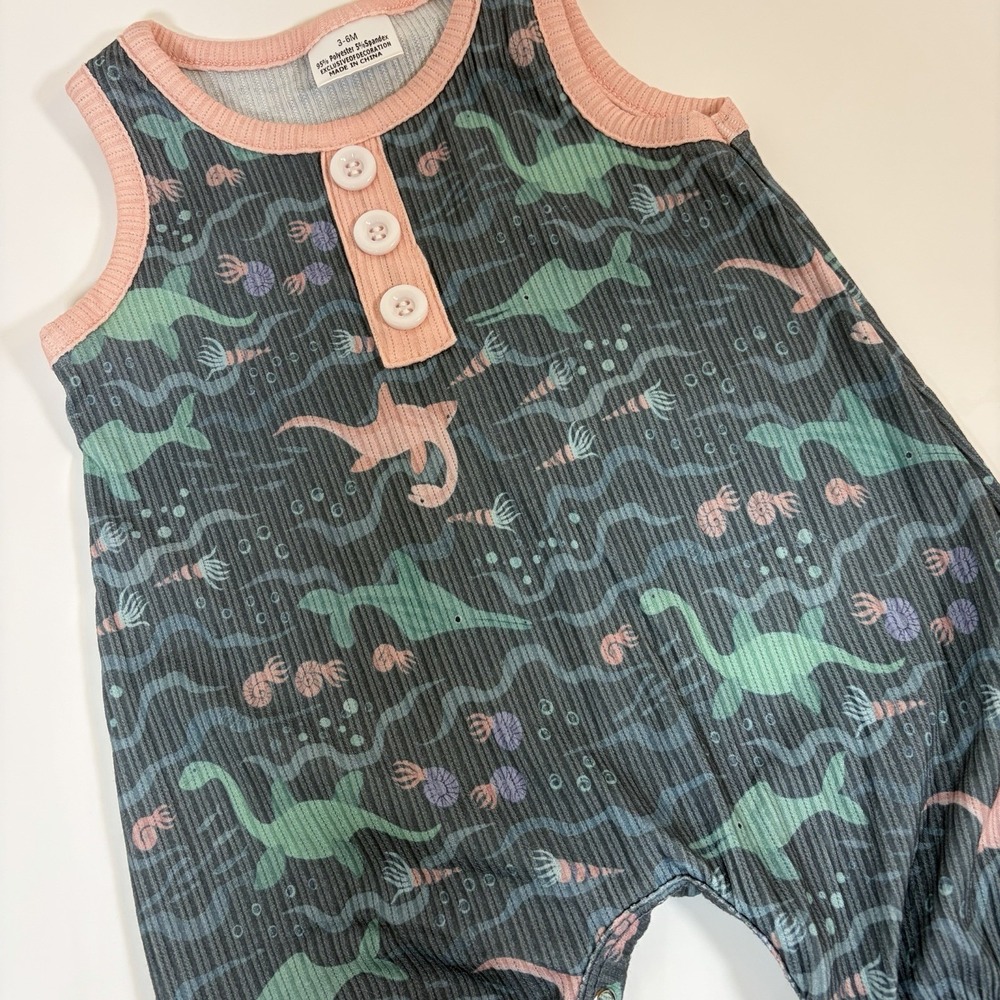 Baby Ribbed Sleeveless Romper Aquatic Dinosaur Crustacean Print Grey Peach 3-6M